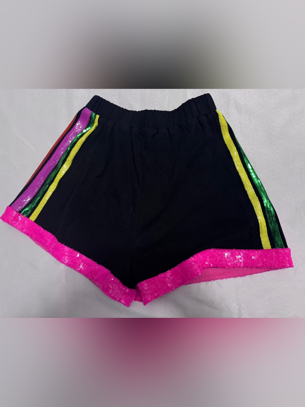 Fantastic Fawn Women's Black Shorts with Neon Rainbow Sequin Stripe Size Small